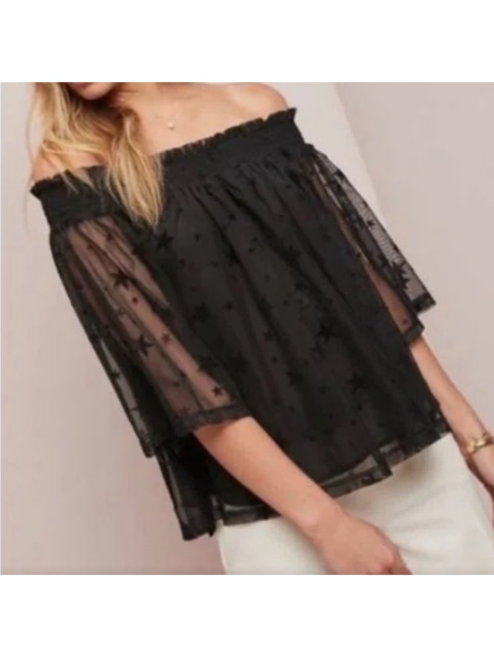 Maeve by Anthropologie Off-Shoulder Black Star-Print Top